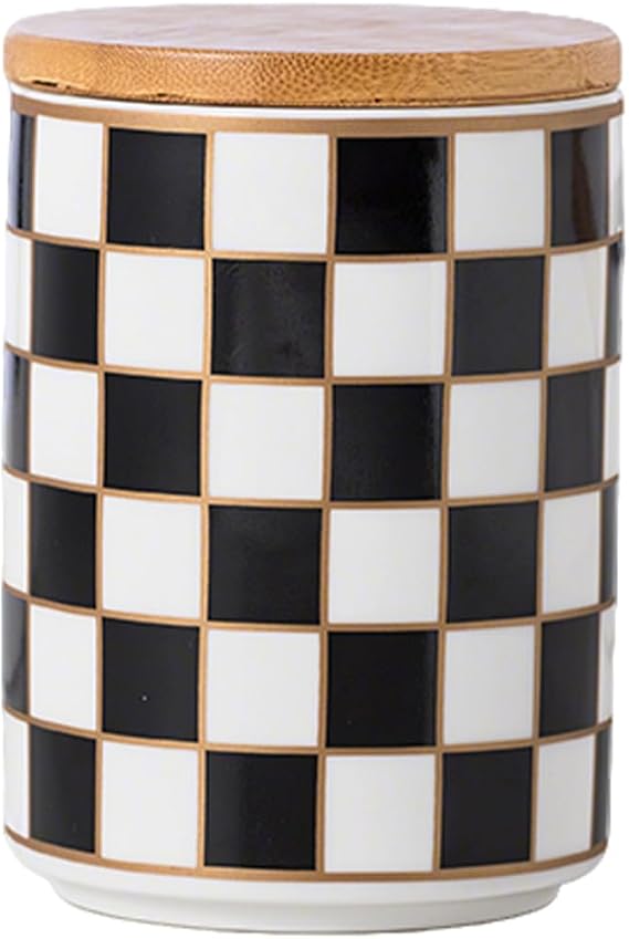 Kitchen Countertop Ceramic Checkered Canisters,Black And White Food Storage Containers With Lid,Airtight Kitchen Canisters for Flour, Sugar, Coffee, Tea, and Dry Goods (Black, Small)