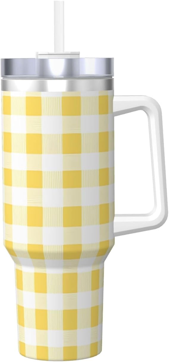 Yellow Gingham 40oz Insulated Tumbler with Handle and Straw Lid Insulated Travel Mug, Coffee Cup, Reusable Water Bottle, Ideal for Car, Work, Gift
