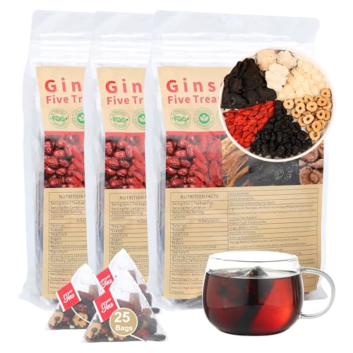 Ginseng Five Treasures Tea,Traditional Chinese Herbal Teas,Kidney Cleanse Detox for Women & Men,6 Rare Ingredients,Organic Tea for Health3 Pack75 Bags