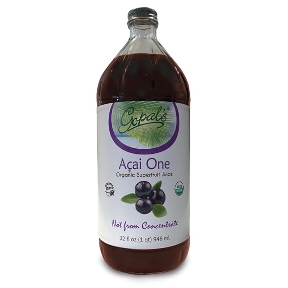 Gopal's Acai One Organic Juice - 32oz (1qt) Glass Bottle Gluten-Free Vegan Superfruit Liquid 30g Pure Acai PULP Per Serving - Naturally Occuring OMEGA Oils in the Juice
