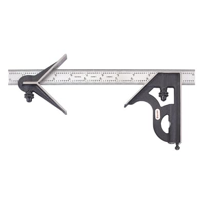 Starrett Steel Combination Square with Square Head and Center Head - 12 Blade Length, Cast Iron Heads, Hardened Steel, Reversible Lock Bolt, 4R Graduation Type - C11HC-12-4R