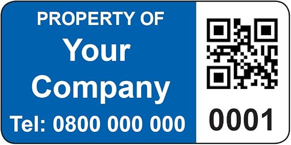 250 Personalised QR Code Asset Tag Labels Custom Stickers- Dark Blue 40mm x 20mm Permanent Vinyl Labels - Simple to Customize