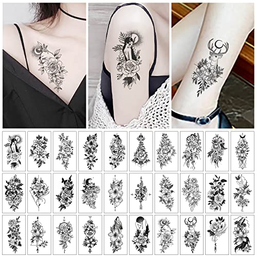 30 sheets Waterproof Temporary Tattoos LovLovely fawnely fawnRoseCamellia Fake Tattoo Mix Style Lasting Body Art Tattoo Stickers for Women or Girls.
