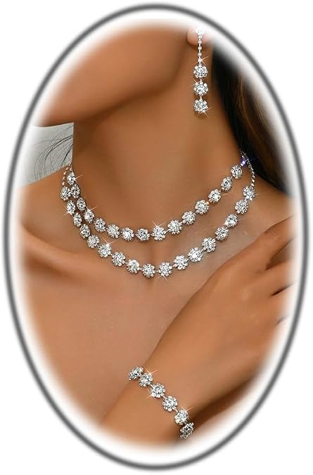 Rhinestone Prom Jewelry Set for Women Sparkly Crystal Necklace Earrings Bracelet Set Wedding Brides Bridesmaid Jewelry Sets Costume Accessories