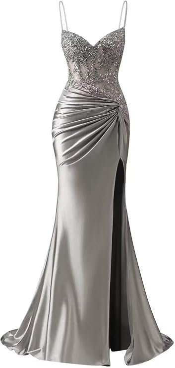 Spaghetti Straps Satin Prom Dresses Long Lace Appliques Corset Prom Dress 2025 Mermaid Style V-Neck Beaded Evening Formal Gowns with Slit Grey Petite Size 0