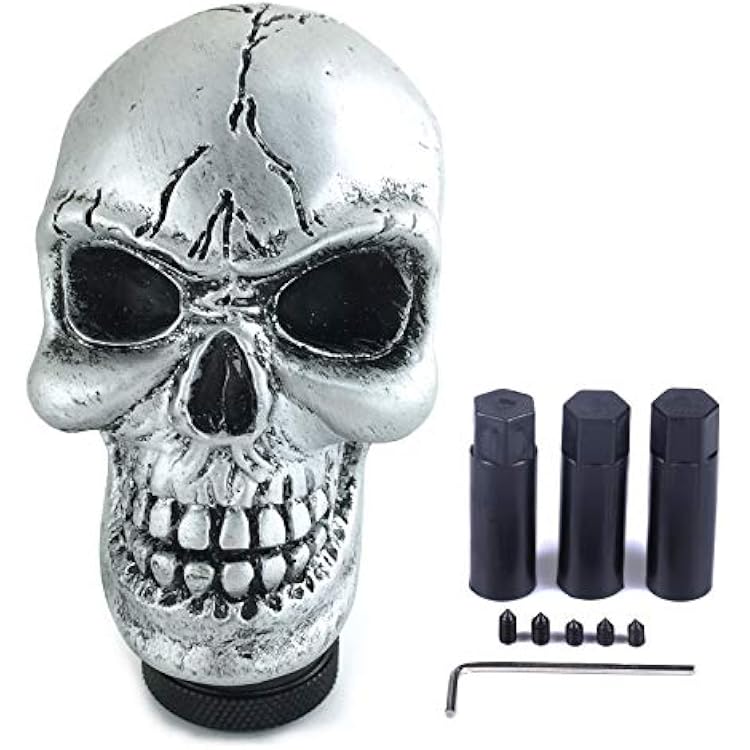 Arenbel Car Gear Lever Grip Knobs Skull Head Racing Shift Stick Manual Shifter Handle Fit Most Auto Manual Vehicles, Silver