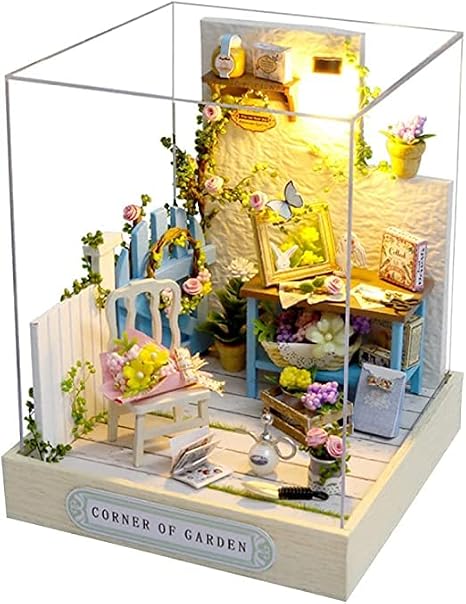 1:24 Scale Creative Room Mini Wooden Doll House Plus Dust Proof,DIY Miniature Dollhouse Kit with Furniture for Kids Teens Adults (Corner of Garden)
