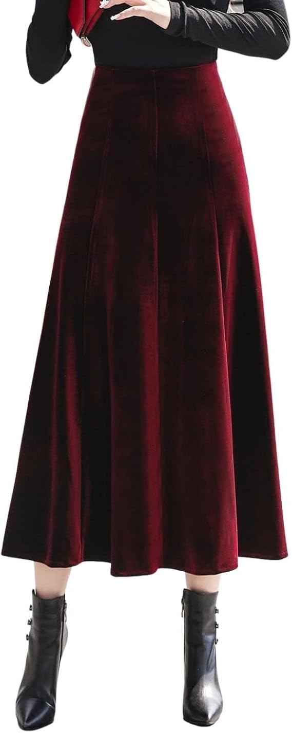 Women's Vintage Velvet High Waist Winter Thicken Pleated A-Line Swing Maxi Skirts