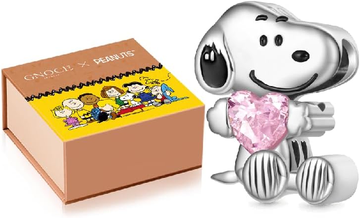 GNOCE Peanuts Snoopy Sitting Embraces Birthstone Charm for Women, S925 Sterling Silver Dangle Charms for Women Wife, Valentines Day, Mothers Day Jewelry