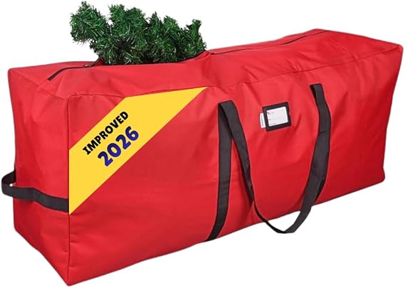 Heavy Duty Christmas Tree Storage Bag | Fits Up to 9 Ft. Tall Disassembled Tree | 25" Height X 20" Wide X 65" Long | Durable 600D Oxford Material | Heavy Duty Xmas Storage Container (Red)