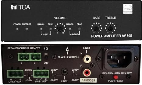 TOA AV-60S-AM Single Channel Digital Micro Amplifier, 60W at 4 Ohms/60W at 70V, Auto Off/Standby, Bass & Treble Controls, Remote Volume Control Port