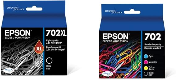 Epson T702120-BCS DURABrite Ultra Black and Color Combo Pack Standard Capacity Cartridge Ink & T702XL120-S DURABrite Ultra Black High Capacity Cartridge Ink