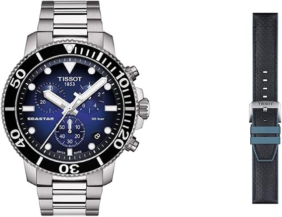 Tissot Mens Seastar Ceramic Sport Watch Silver T1204171104101 Leather Black Watch Strap, 22 (Model: T852046785)