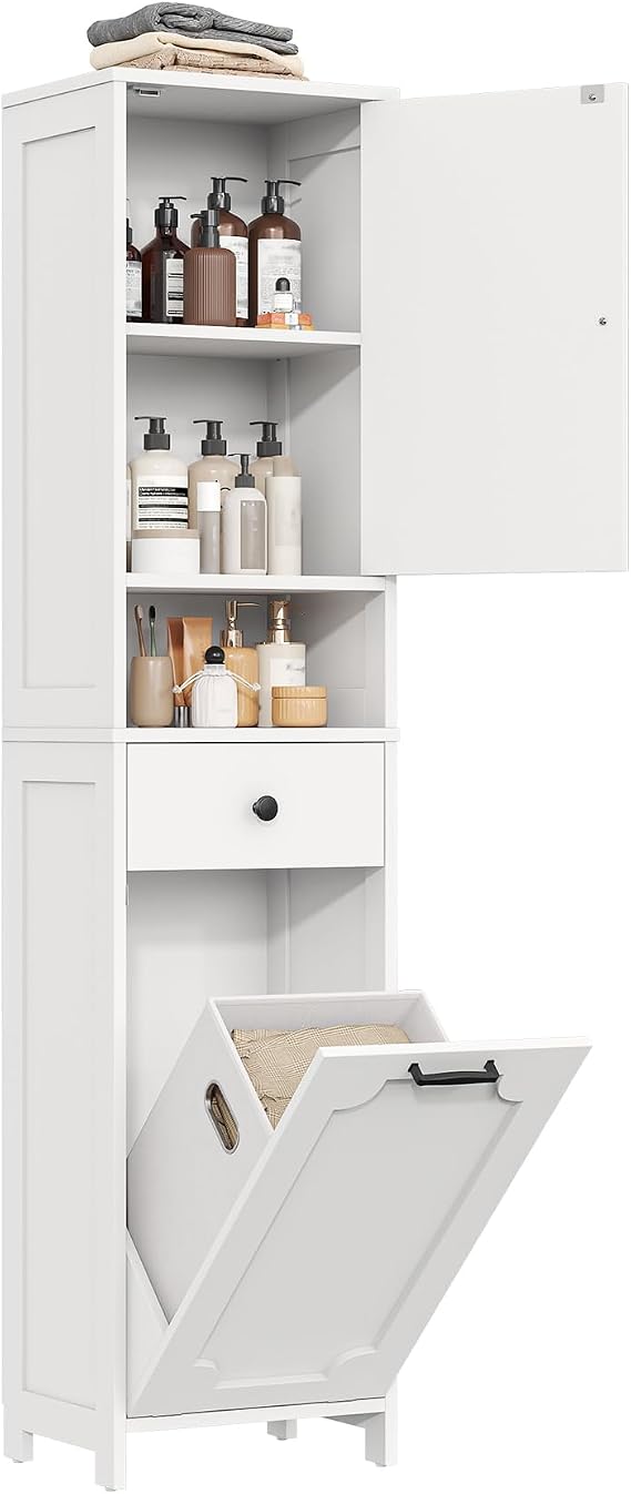 66.9" Tall Bathroom Cabinet with Laundry Basket, Freestanding Bathroom Storage Unit with Drawer Door and Shelves, Tilt-Out Laundry Hamper with Upper Storage Cabinet, White