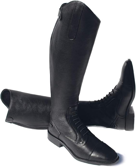 Rhinegold Elite Luxus BLACK LEATHER RIDING BOOTS - Soft Feel Leather, Comfortable Fit, Elasticated Laced Front, Women's Equestrian Boots with Full Length Back Zip