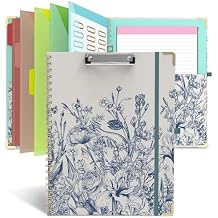 Clipboard Folio with Storage 8.5 X 11 Padfolio Notebook, Clipboards with Notepad Spiral with 10 Pockets and 5 Folders Nursing Teacher School Essentials (Blue Florals)