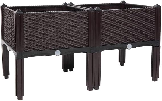 Free Splicing Raised Garden Bed Planter Box, White, 15x15x10 Inches, Plastic Rattan Pattern, Self-Watering with Drainage, (White, 2Pcs)