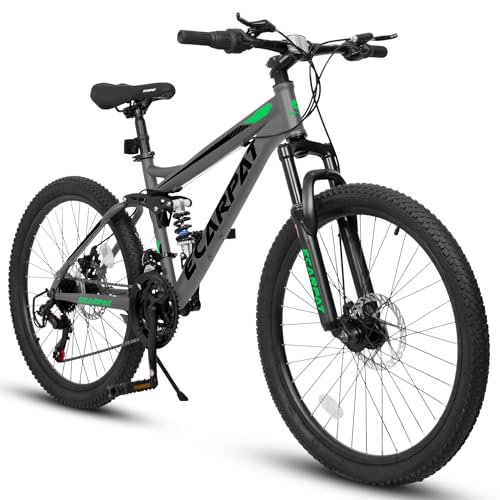 Mountain Bike 24 Inch Wheels, 21-Speed Full Suspension Mens Womens Trail Commuter City Mountain Bike, High Carbon Steel Frame Disc Brakes Grip Shifter Front Fork Rear Shock Absorber Bicycles