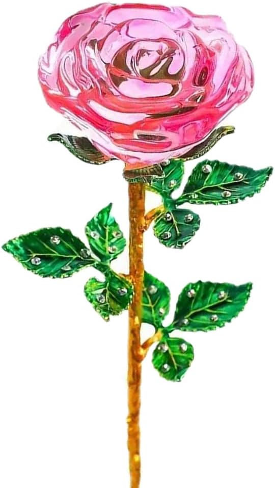 Crystal Rose Flower with Stem Preserved Forever Rose Floral Birthday Gifts for Women Rose Flower Gifts for Mom,Girl, Lover, Crystal Flowers Anniversary, Valentines, Wedding Gifts (Pink)