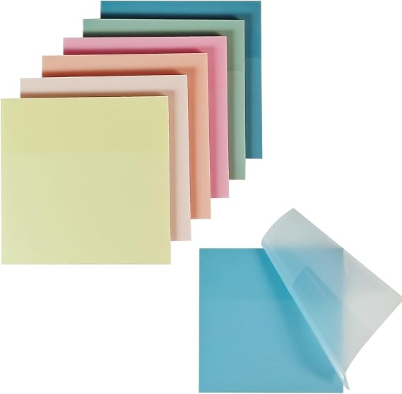 Transparent Sticky Notes,Self-Adhesive,6Pack,Pastel 6 Colors Clear,3x3 in