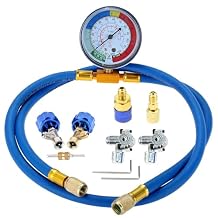 R134A R12 R22 Refrigerant Charging Hose with Gauge Kit, AC Recharge Hose with Gauge and BPV31 Bullet Piercing Tap Valve, R134a Can Tap Valves, R134a Quick Coupler