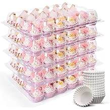LotFancy (24 Count x 12 Sets) Mini Cupcake Containers with 288 Liners, Plastic Cupcake Boxes Holder, BPA Free, Clear Disposable Cupcake Carriers with Detachable Dome Lid