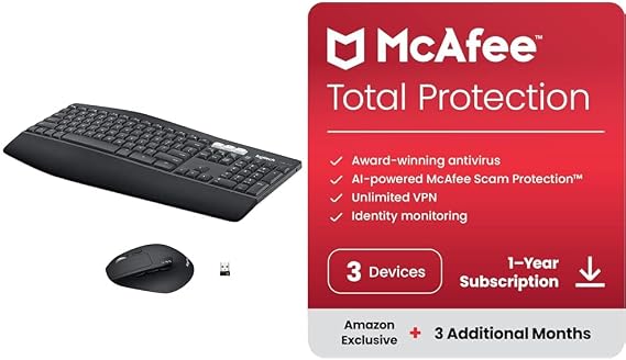 Logitech MK850 Performance Wireless Keyboard and Mouse Combo + McAfee Total Protection 2024 Ready | 3 Devices | 15 Month Subscription | Cybersecurity Software