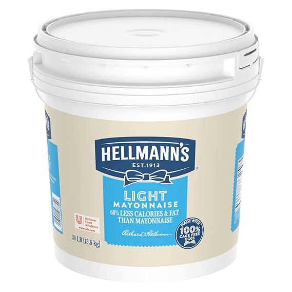 Hellmann's Light Mayonnaise Pail Condiment for Sandwiches, Salads, Mayo Made with 100% Cage Free Eggs, Gluten Free, 30lb Pail, 4 gallon (Pack of 1)