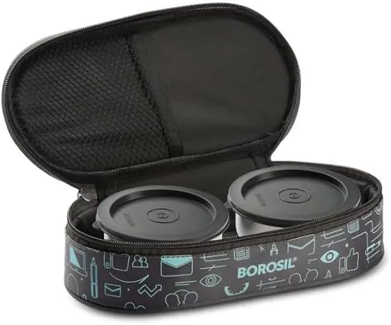 Borosil Carry Fresh Stainless Steel Lunchbox with Bag | 2 pc Round Container Set (180 ml Each) | Leakproof Tiffin with Food Grade Steel | Horizontal |