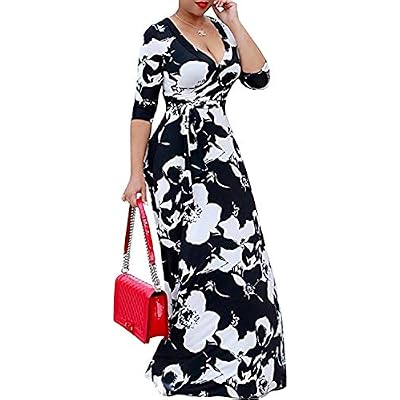 Olens Women 34 Long Sleeve Wrap V Neck Floral Printed Long Maxi Dress Plus Size Black, 5X