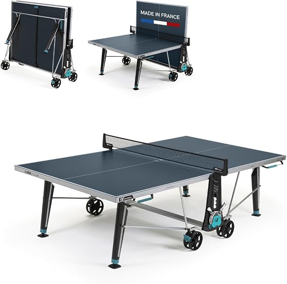 CORNILLEAU - 400X Outdoor Table Tennis Table - 5mm Weatherproof Surface, Anti-Glare Coating, Adjustable Legs, Paddle & Ball Storage, Foldable Design, Point Counters - 5 mm Blue or Grey