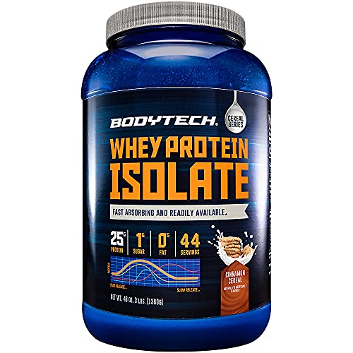 BodyTech Whey Protein Isolate Powder, Cinnamon Cereal Flavor, 25g Protein per Serving, High Concentrated Protein Powder with Amino Acids & BCAAs for Men and Women, Gluten Free, 3 lbs, 47 Servings