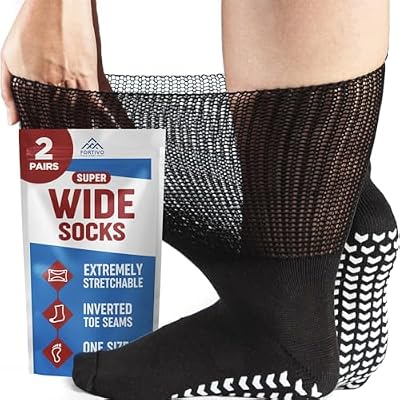 FORTIVO 2 Pairs Extra Wide Socks For Swollen Feet, Non-Slip Hospital and Diabetic Socks for Men and Women