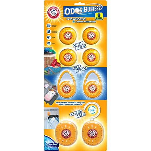 Arm and Hammer Odor Busterz Deodorizer Balls Mixed Pack: 4 odor eliminating balls, 2 with handy clips, 2 with hangers, 8 total for closets, bathrooms, work & sports gear, laundry hamper 8 Count