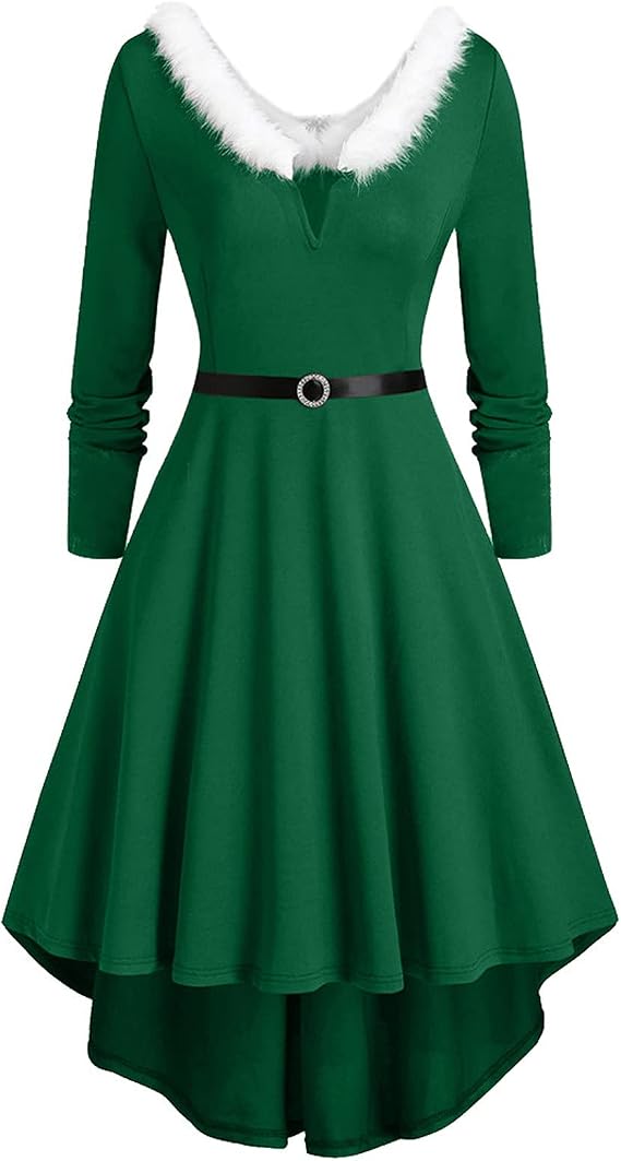 ZYXTIM Womens Vintage Christmas Dress Fancy Long Sleeve Fur V Neck Velvet Dress Mrs. Claus Santa Costume Oversize Party Dress