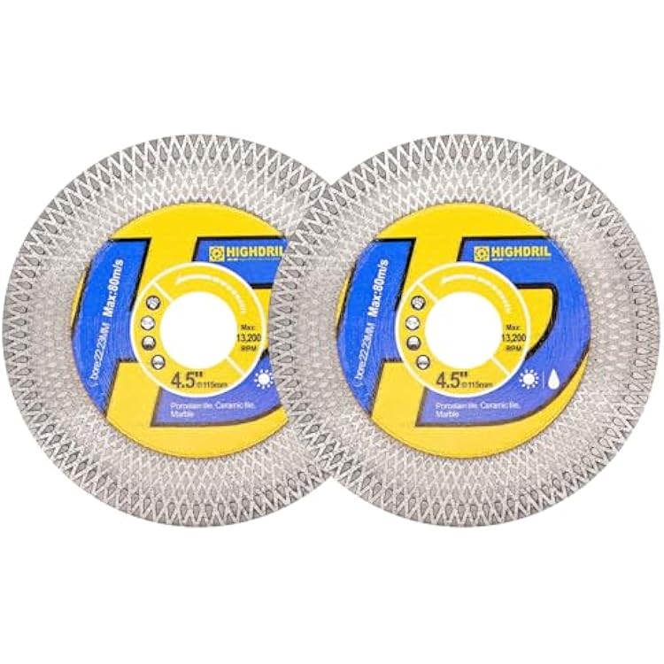 HIGHDRIL Tile Diamond Saw Blade,2pcs Cutting Disc Wheel 4.5115mm for DryWet Cutting & Grinding Porcelain Granite Marble Ceramic Artificial Stone