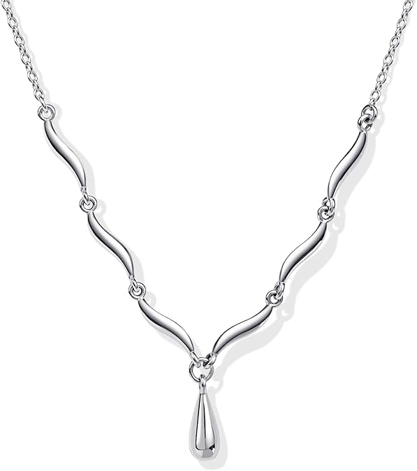 Silver Tone Teardrop Pendant Wave Chain Necklace for Women