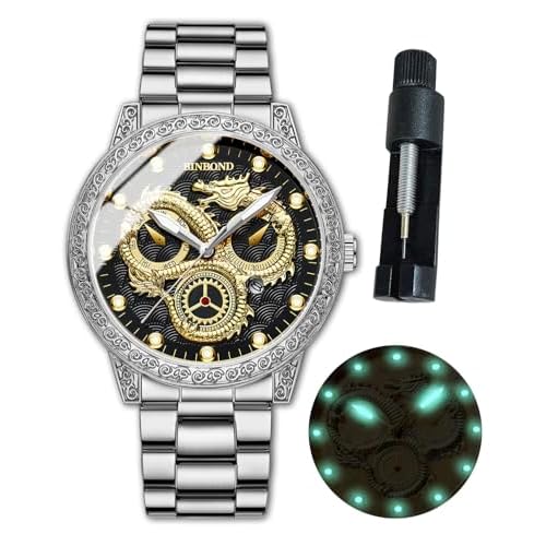 Gold Dragon Watches for Men Stainless Steel Luxury Dress Business Big Face Dial Date Mens Wrist Watch Gift Waterproof Luminous