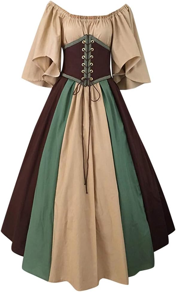 Medieval Dress Women Renaissance Flowy Flared Sleeve Dress Medieval Dress with Corset Patchwork Fairy Dress
