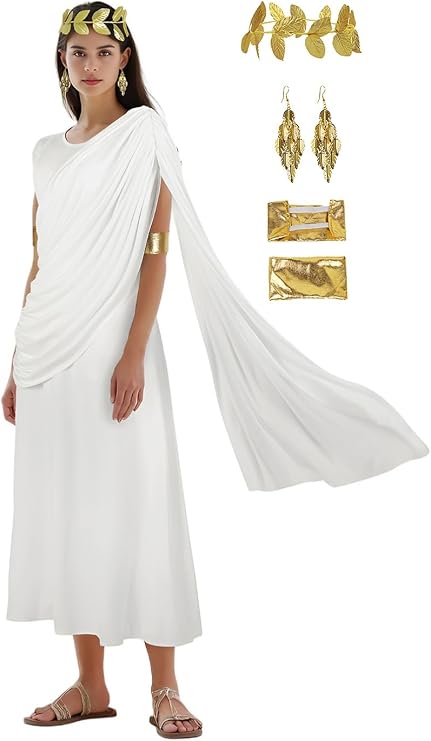 JEGERMIG Statue of Liberty Greek Goddess Costume Long Dress, Halloween Cosplay Outfit