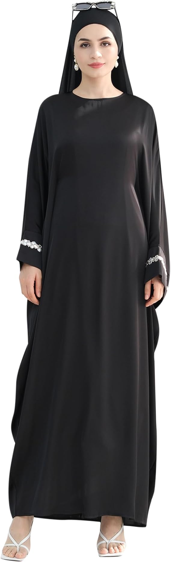 Solid Color Batwing Sleeve Abaya with Handcrafted Chain Beading, Hidden Waistband Modest Muslim Robe Prayer Dress