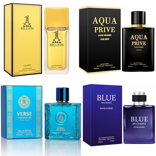 META-BOSEM Mens Cologne Set, EDP, 4 Pack 3.4 oz  100 mL, AQUA, VerBlue, BLUE DE CHANCE, 1 BILLION FOR MEN, Azura Night & Fresh, for commute, summer days and travel