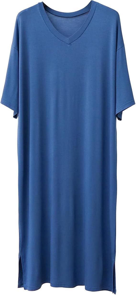 ASHER FASHION Mens Nightshirt Cotton Modal Nightgown V Neck Short Sleeve PJ Soft Long Sleepwear Loose Pajamas Sleep Shirt