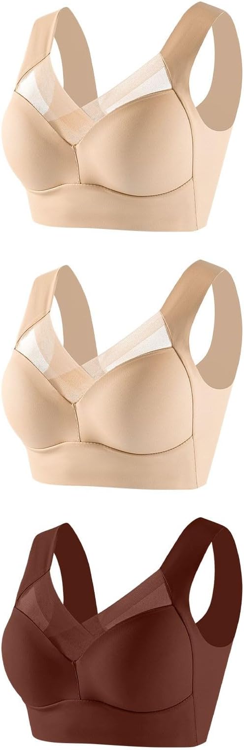 Wireless Bras for Women 3 Pack Comfortable Seamless Mesh Bralettes Ladies Soft Deep V Padded Sport Yoga Everyday Bra