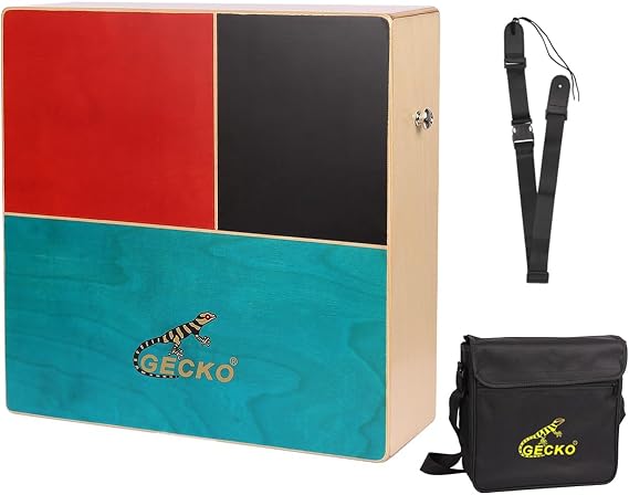 GECKO Cajon Drum Dual Sided Wooden Cajon with Bongo and Guitar String Sounds Portable Hand Percussion for Beginners and Professional Drummers Birch and Walnut Includes Carry Bag