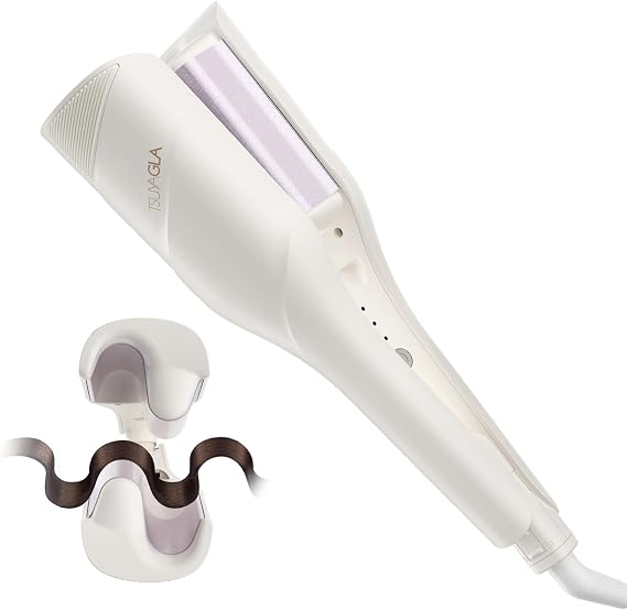 Hair Waver Crimper - TSUYAGLA 1.42 Inch Beach Waves Curling Wand, 2 Barrel Ionic Deep Waver Hair Curler Tool for Women, Anti-Scald Protection, Fast Heating, Dual Voltage, White