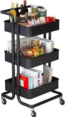 Storage Trolley Cart - 3 Tier Rolling Utility Organizer Rack, Craft Art Cart, Multi-Purpose Organizer Shelf, Tower Rack Serving Trolley for Office Bathroom Kitchen Kids Room Laundry Room, Black