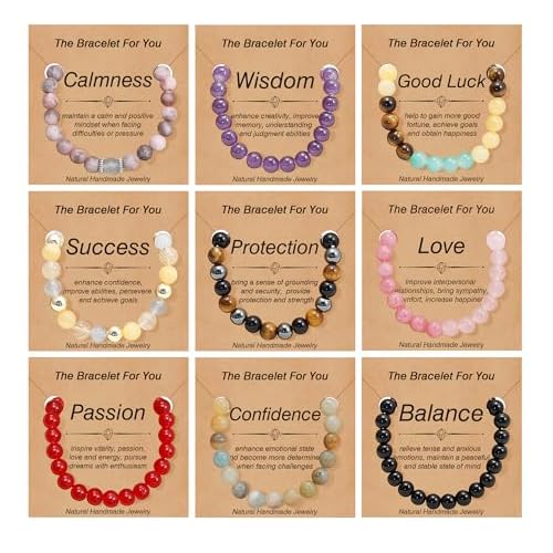 BOMAIL 9 PCS Healing Crystal Bracelets for Women 8 MM Natural Stone Beaded Bracelet Protection Anxiety Spiritual Stretch Bracelet for Women Men