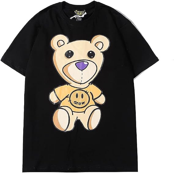 Drew House T-Shirt-Bear Smiley Unisex Fashion Pure Cotton Shirt,Youth Casual Loose T-Shirt for Men and Women M Black