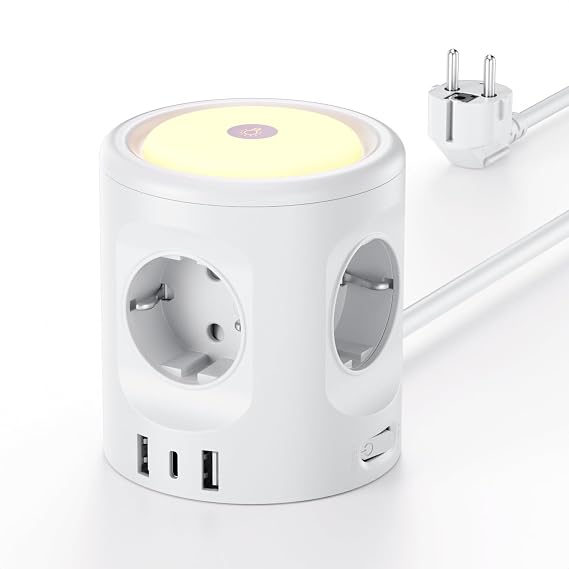 7-in-1 Socket Cube with 3 USB 3680 W Multiple Socket with Switch 4-Way Power Strip with Light Multiple Plug Surge Protection USB Plug Cube Extension Cable 2 m for Office White